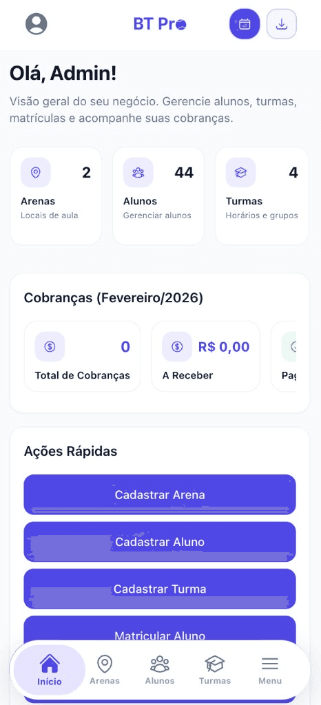 Dashboard do BT Pro: visão geral, cobranças e ações rápidas